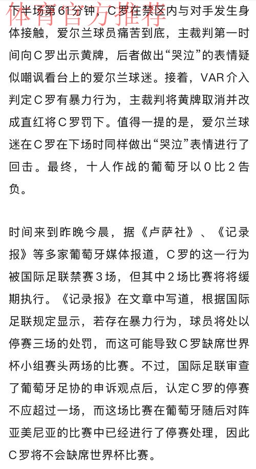 C罗不会缺席世界杯首战!FIFA官方:C罗禁赛3场 但2场是缓期执行 C罗不会缺席世界杯首战!FIFA官方:C罗禁赛3场 但2场是缓期执行